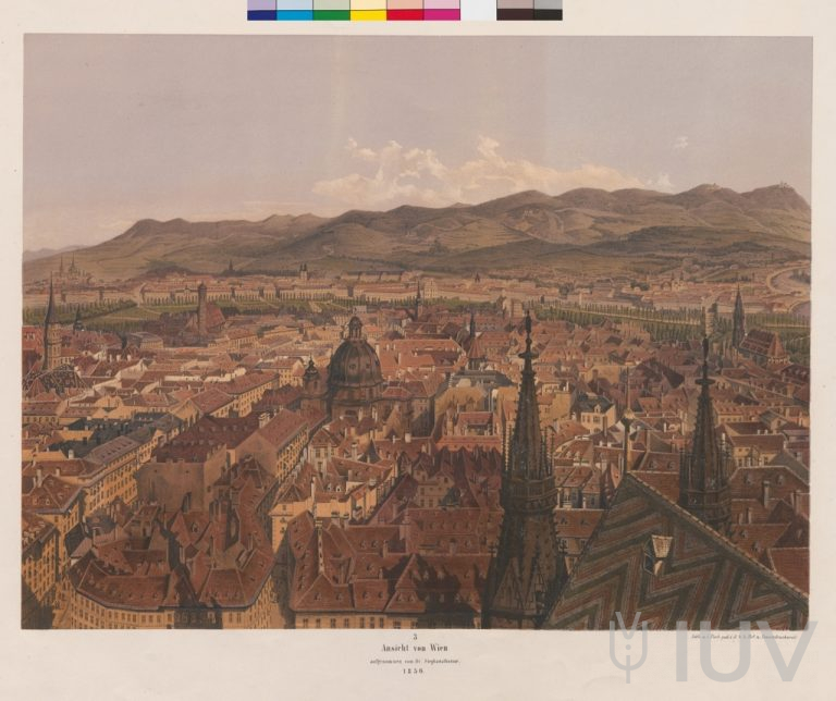 Ansicht von Wien aufgenommen von St. Stephansthurme. [Blick in Richtung Josefstadt und Alsergrund, im Hintergrund Kahlen- und Leopoldsberg]